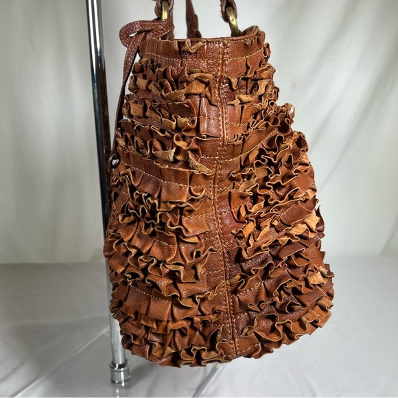 Vintage MOSCHINO Cheap and Chic Brown Leather Ruffle Shoulder Bag Purse Handbag - Picture 9 of 16